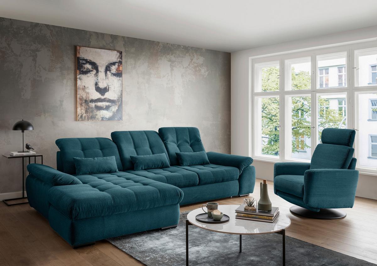Ecksofa mit Bettkasten Rigatti ca. 184x314 cm Petrol - Petrol/Schwarz, MODERN, Textil/Metall (184/314cm) - Livetastic