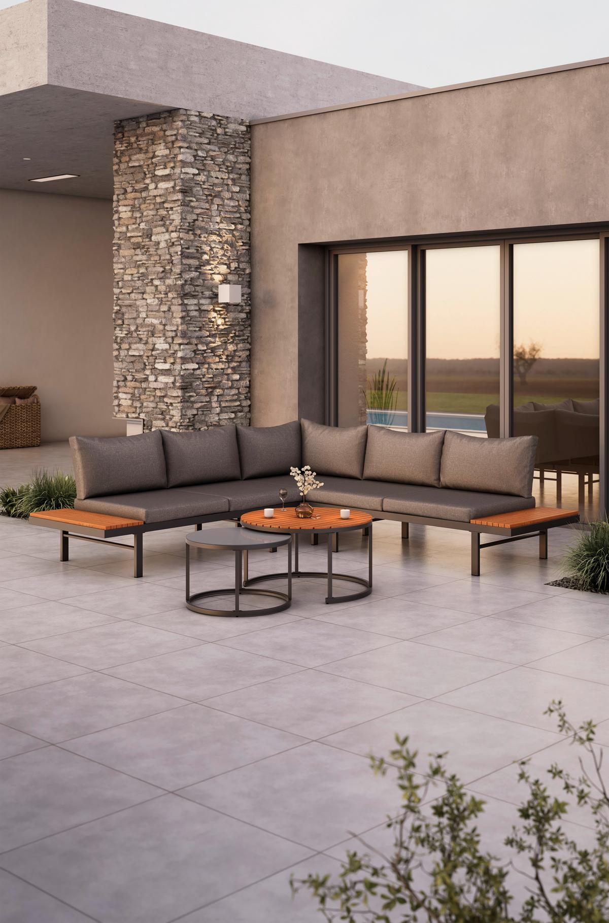 Lounge Garnitura Zürich, Akacija, Kovina, 4-Delno - siva/naravne barve, Moderno, kovina/steklo (261/261cm) - Beldano