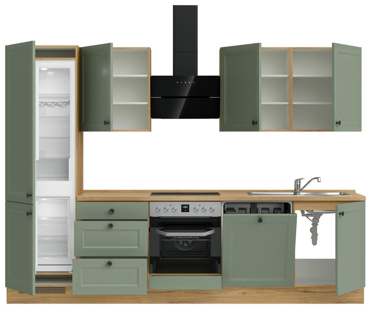 Küchenblock Cascada High m. Geräten Schilfgrün - Schilfgrün/Eichefarben, MODERN, Holzwerkstoff/Metall (300cm) - Nobilia