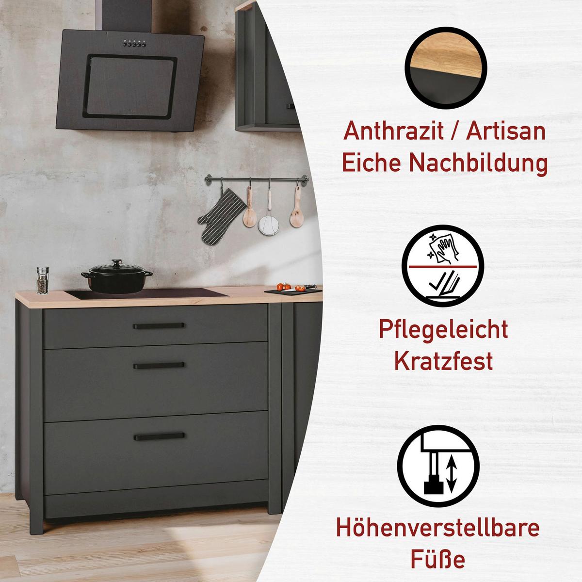 Küchenleerblock Bundle 3 o. Geräte Anthrazit/Eiche - Anthrazit/Schwarz, MODERN, Glas/Holzwerkstoff (230cm) - home24