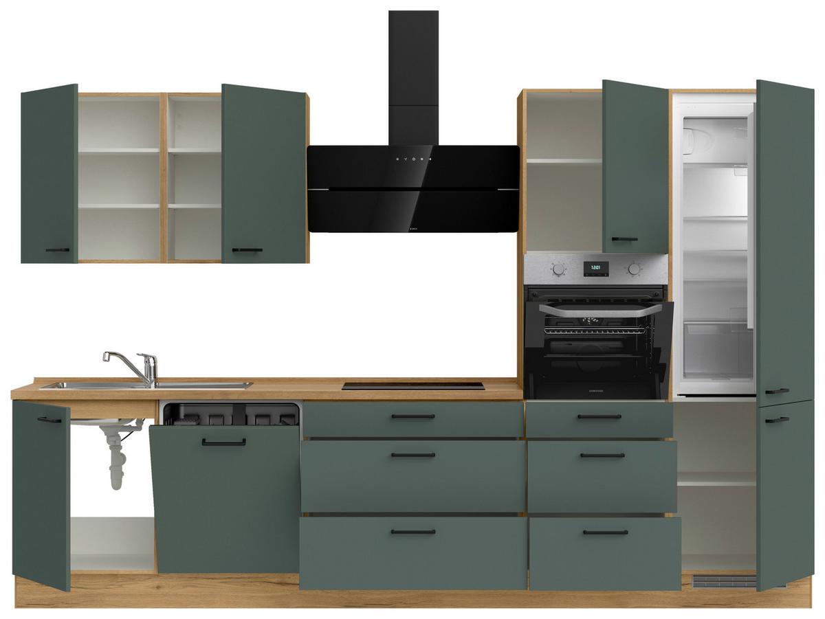 Küchenblock Easytouch High m. Geräten Dunkelgrün - Dunkelgrün/Eichefarben, MODERN, Holzwerkstoff/Metall (330cm) - Nobilia