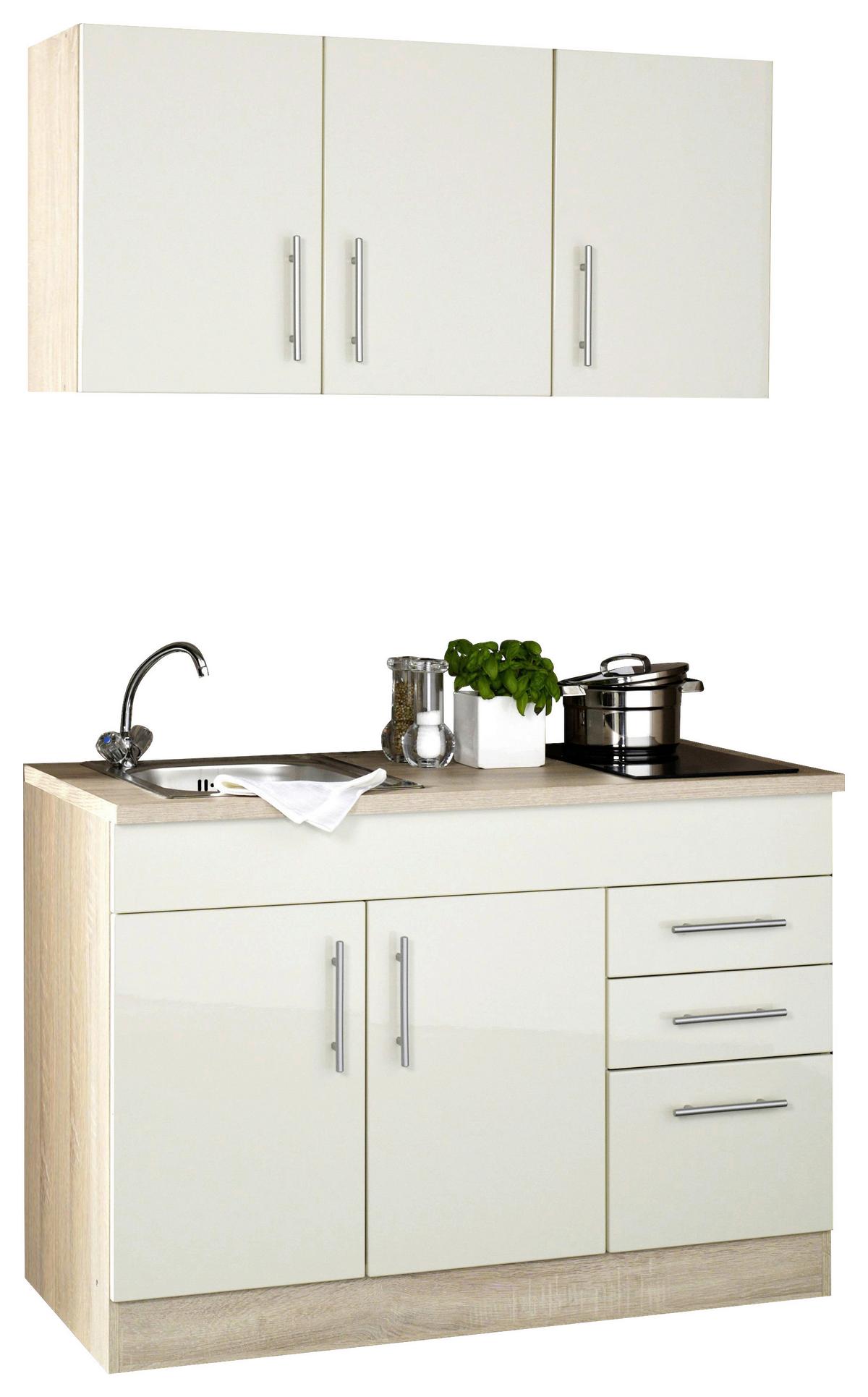 Miniküche Toronto B: ca. 120cm Creme/Eichefarben - Chromfarben/Eichefarben, MODERN, Holzwerkstoff/Metall (120cm) - Held