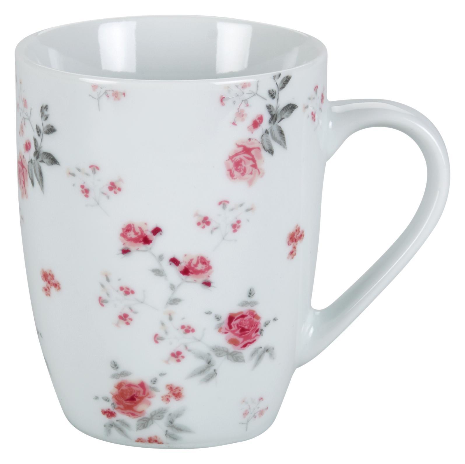 Kaffeebecher Roseanne in Weiß ca. 330ml - Pink/Grau, ROMANTIK / LANDHAUS, Keramik (8,4/10,5cm) - Zandiara