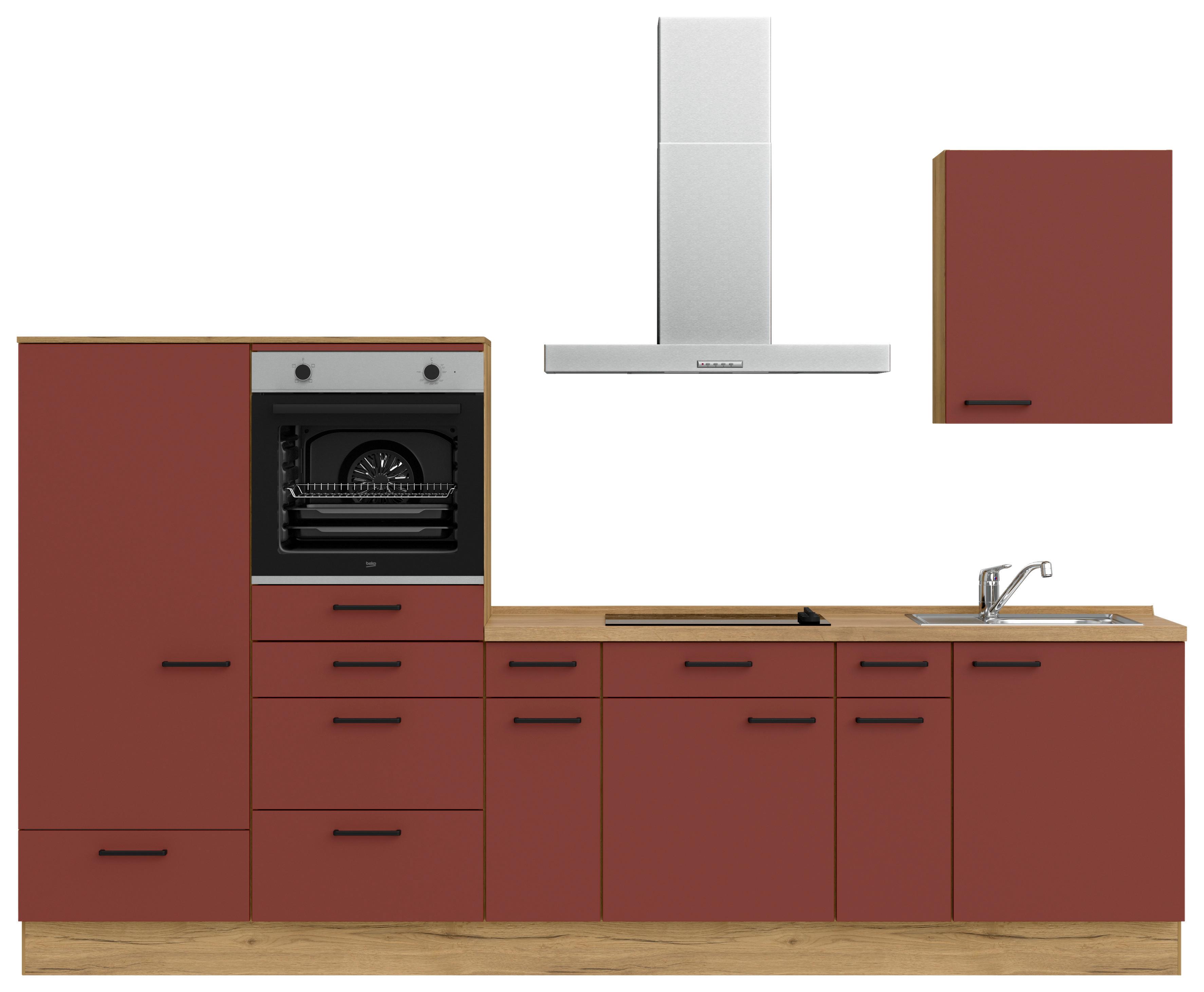 Küchenblock Easytouch Low m. Geräten Dunkelrot - Eichefarben/Schwarz, MODERN, Holzwerkstoff/Metall (300cm) - Nobilia