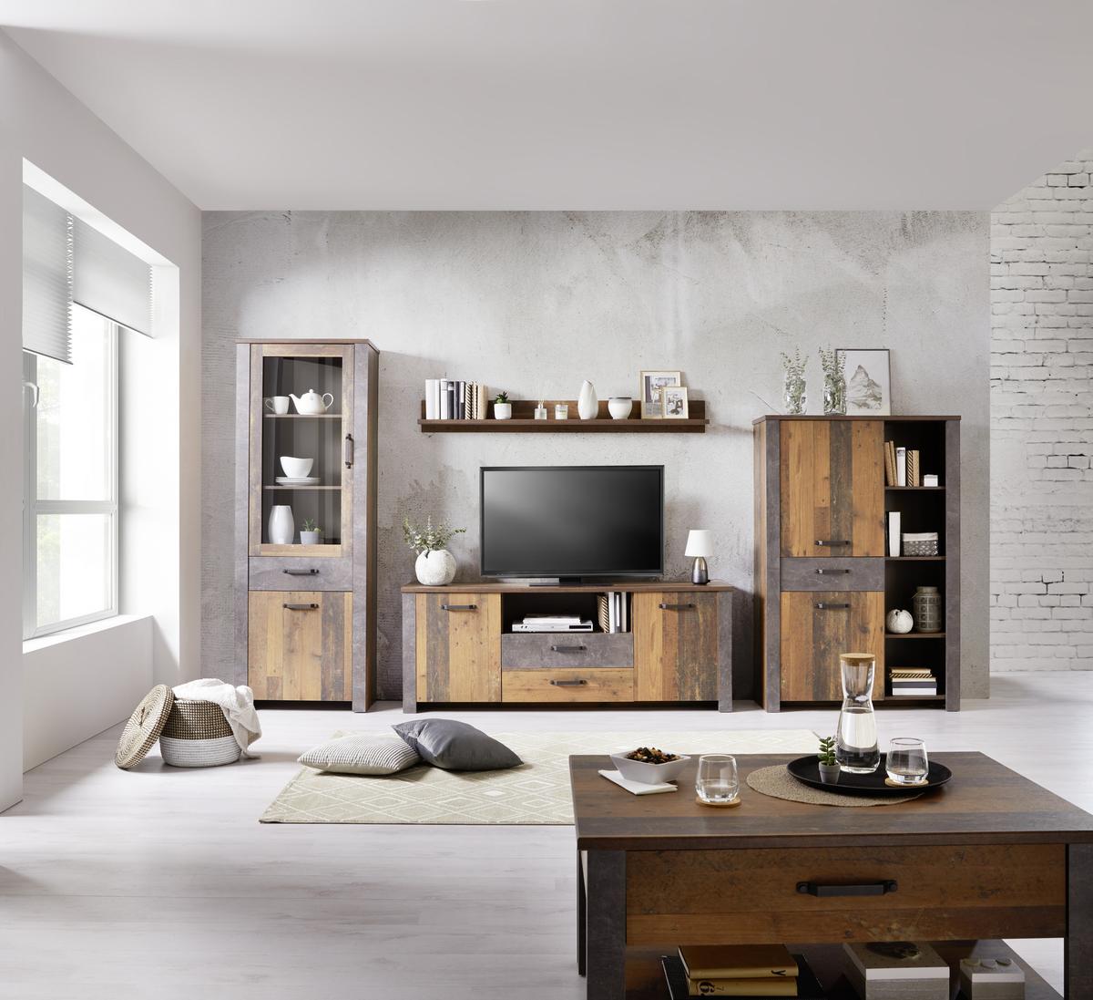 Vitrină Ontario - gri închis/culoare lemn stejar, Trend, sticlă/material pe bază de lemn (71,4/200/41,5cm) - Modern Living