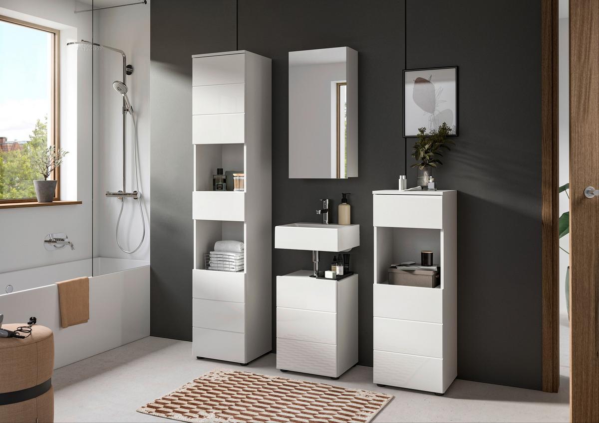 Badezimmer Vira 4-tlg. mit LED ca. 114 cm Weiß - Weiß Hochglanz/Schwarz, MODERN, Holzwerkstoff/Kunststoff (114cm) - MID.YOU