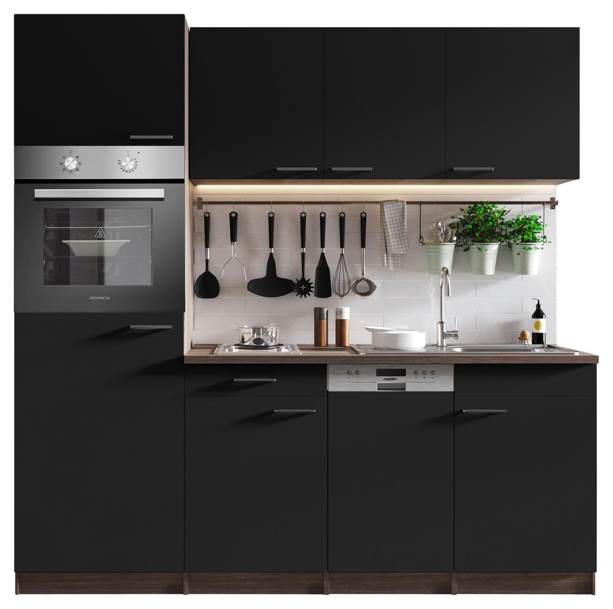Küchenblock Oliver mit Geräten ca. 205 cm Schwarz - Eichefarben/Schwarz, Basics, Holzwerkstoff/Kunststoff (205cm) - Respekta