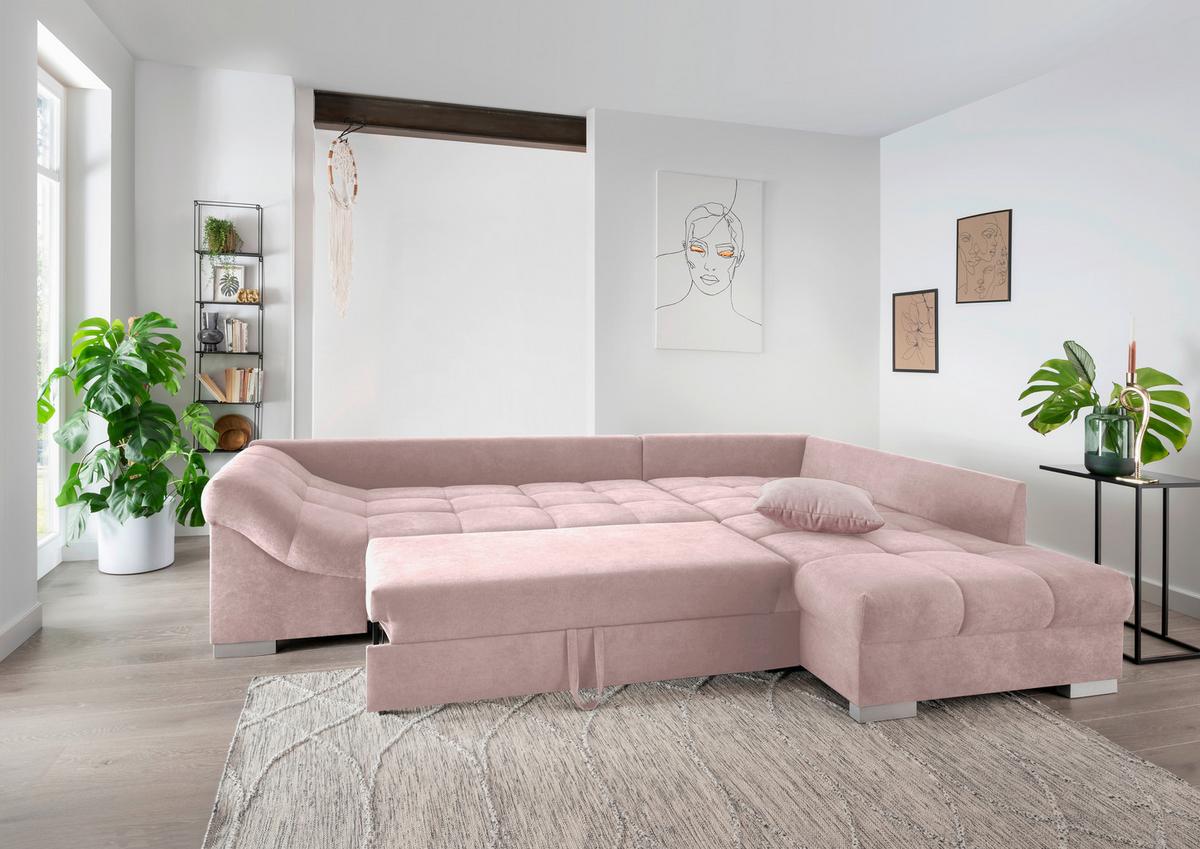 Wohnlandschaft Alvito Rosa Nylon/Mikrofaser - Silberfarben/Rosa, Design, Holz/Textil (298/202cm) - MID.YOU