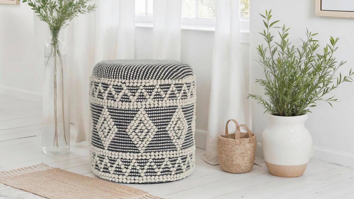 HOCKER SITZHOCKER WOLLE - Creme/Schwarz, Design, Textil (40/45/40cm) - MID.YOU