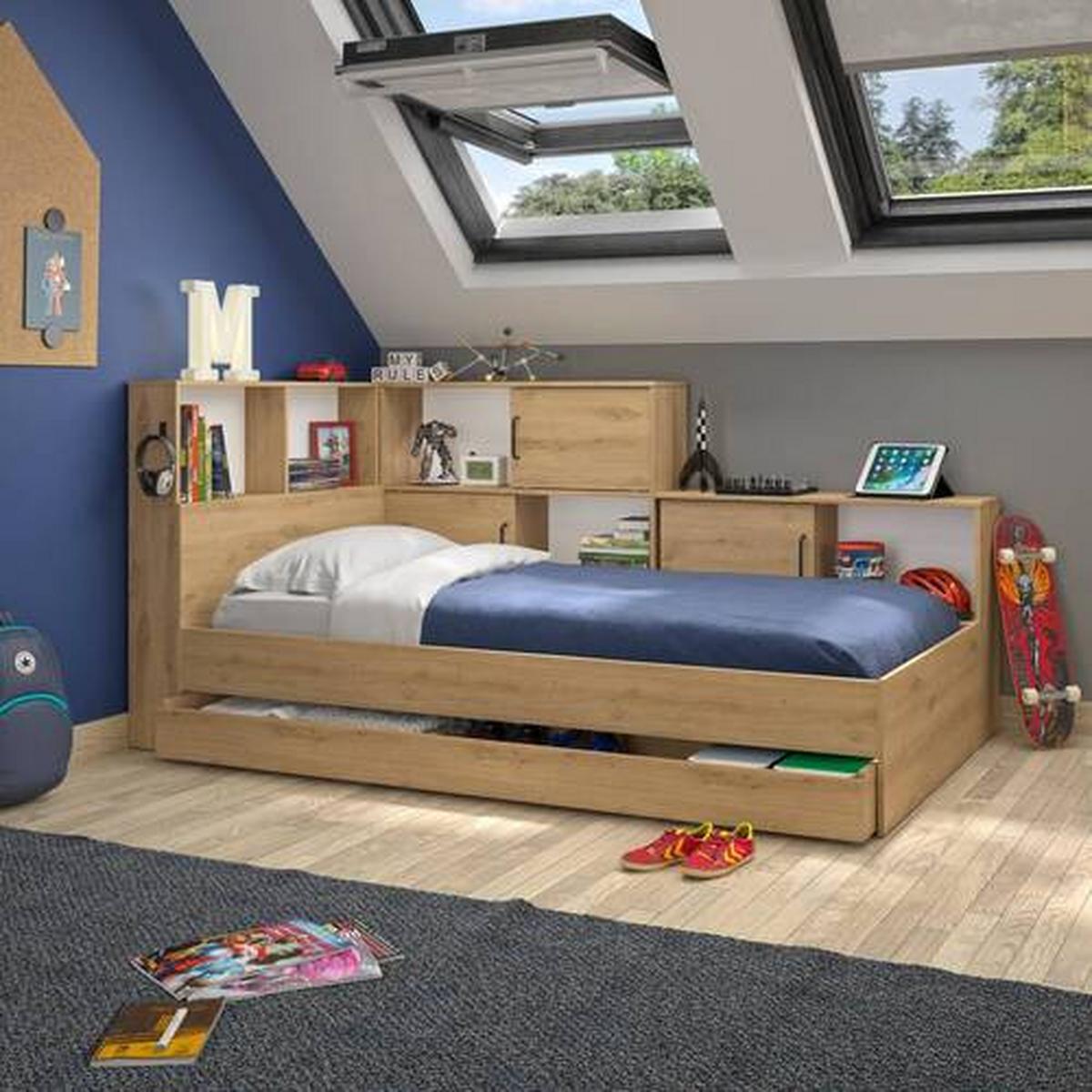 Postelja S Predalom Erwan, Barva Hrasta, 90x200cm - bela/hrast artisan, Moderno, leseni material (90/200cm) - MID.YOU