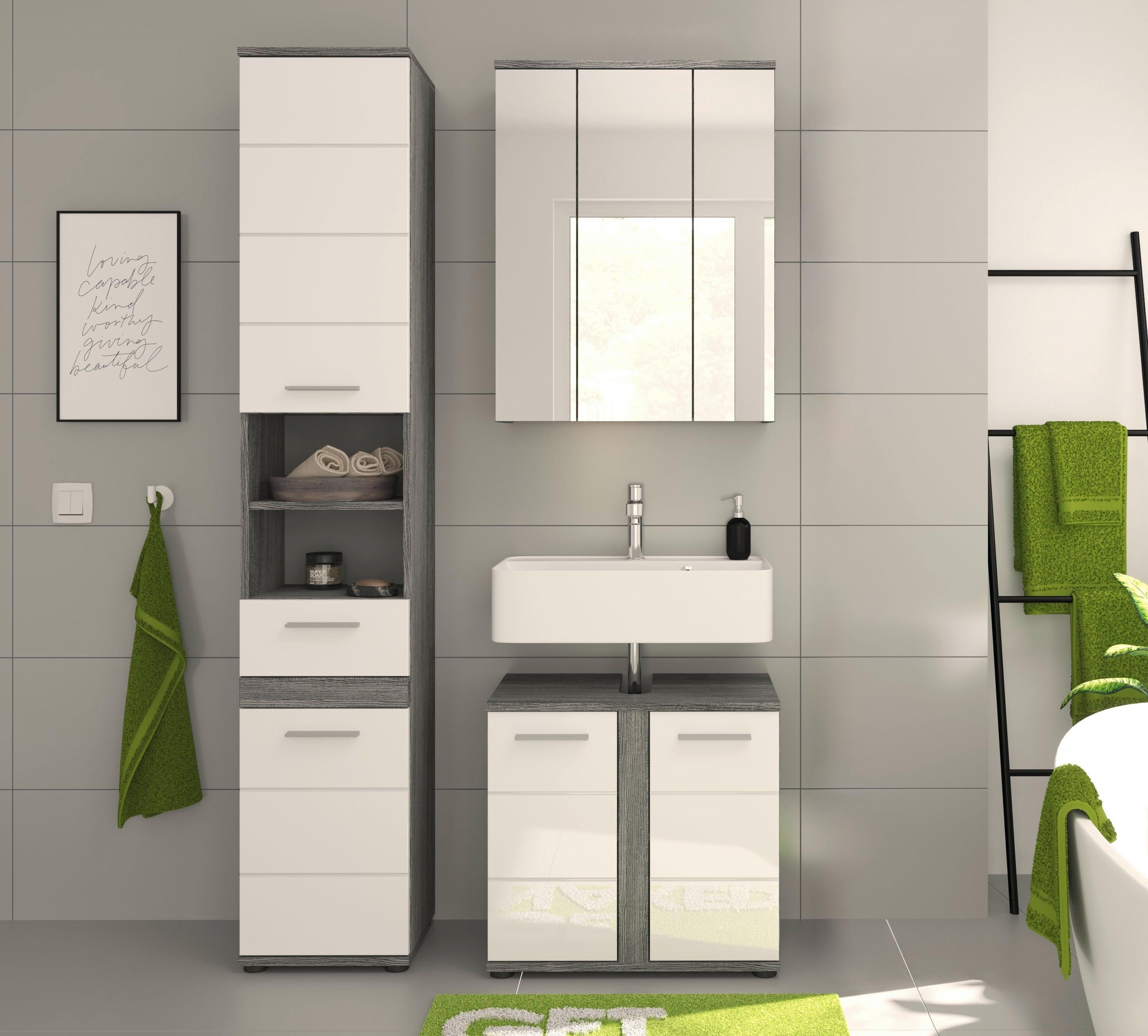Badezimmer-Set BLAKE 3-teilig, Weiß Hochglanz - Weiß Hochglanz/Silberfarben, MODERN, Glas/Holzwerkstoff (105cm) - MID.YOU