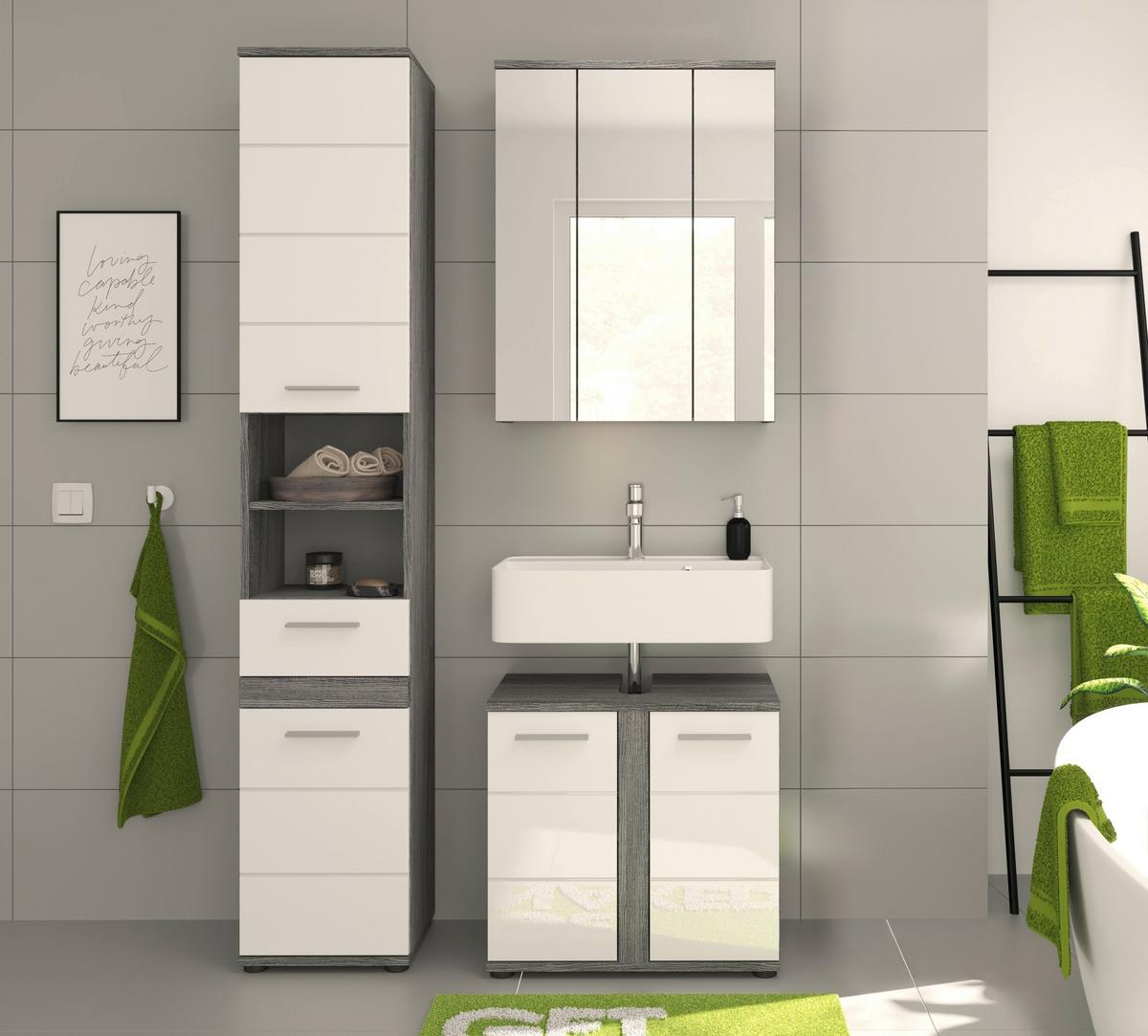 Badezimmer-Set BLAKE 3-teilig, Weiß Hochglanz - Weiß Hochglanz/Silberfarben, MODERN, Glas/Holzwerkstoff (105cm) - MID.YOU