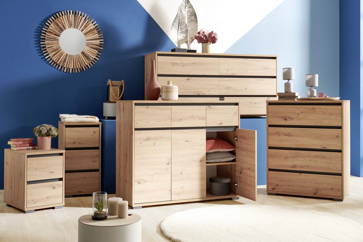 KOMODA SZEROKA LINE - kolor dębowy/antracytowy, Design, materiał drewnopochodny/tworzywo sztuczne (160/79/48cm) - Carryhome