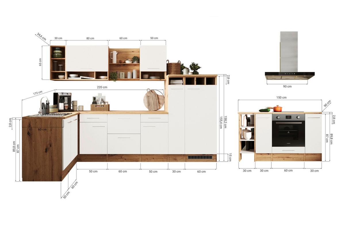 Küchenblock Hilde m. Insel m. Geräten ca.310cm Eiche/Weiß - Wildeiche/Alufarben, Design, Holzwerkstoff/Metall (310-150cm) - Respekta