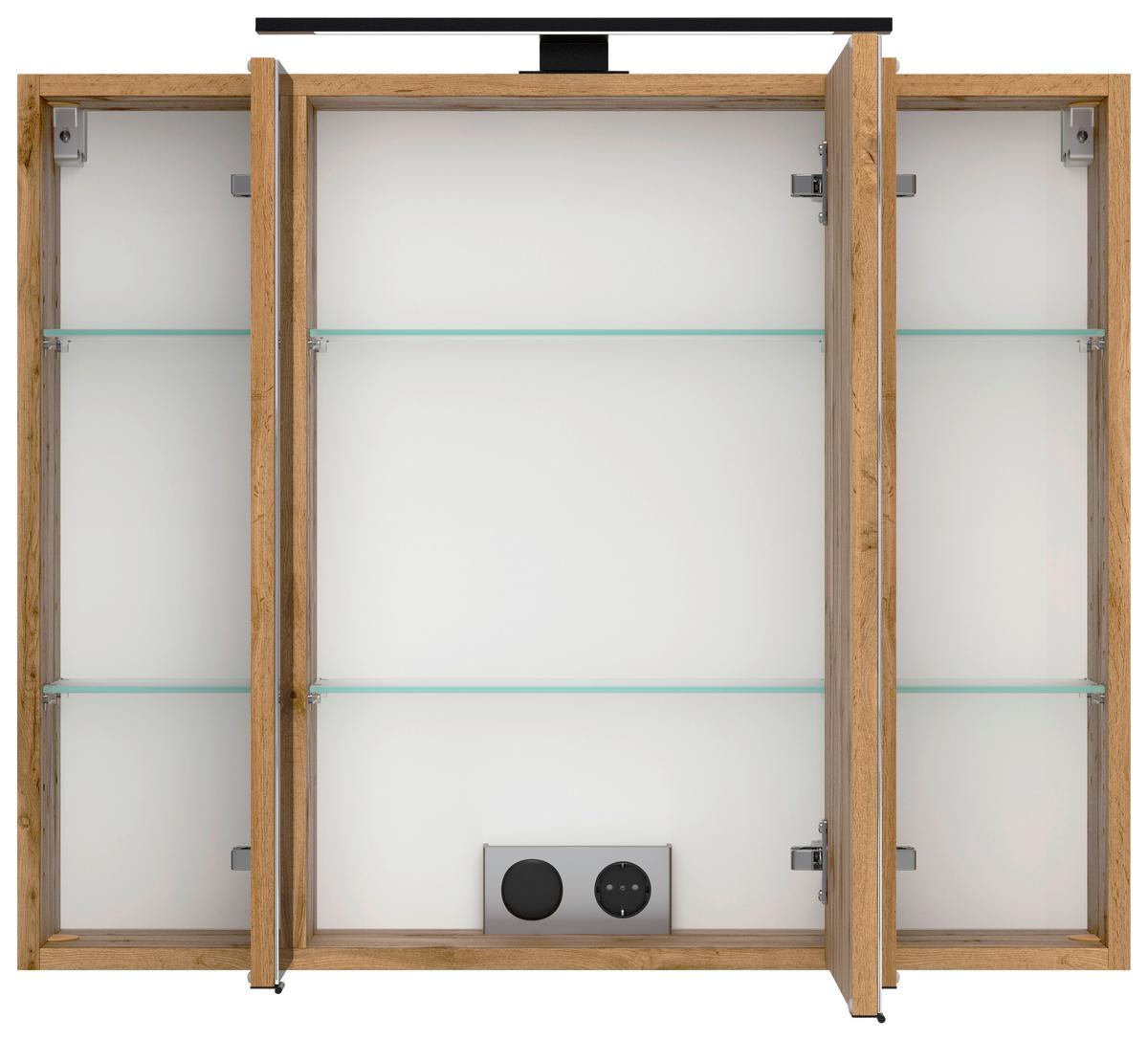 Spiegelschrank Chester mit LED 3-türig ca. 80x68 cm Eiche - Eiche Wotan/Schwarz, MODERN, Glas/Holzwerkstoff (80/67,5/20cm) - Held