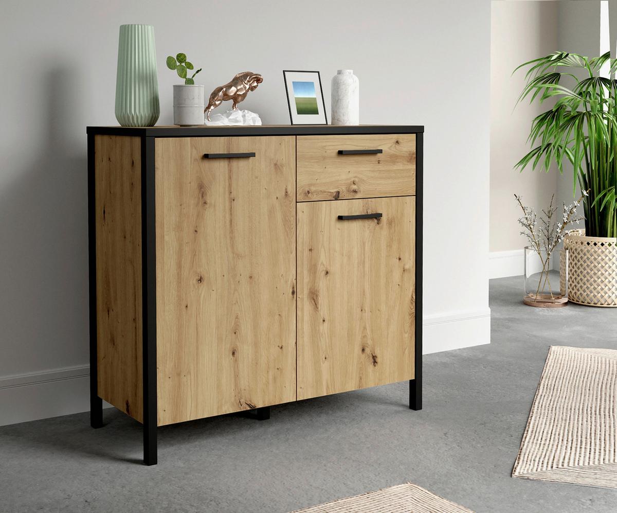 Komoda Kirikus, Črna, Barva Hrasta - črna/barve hrasta, Trendi, umetna masa/leseni material (95/88/40cm) - Mömax