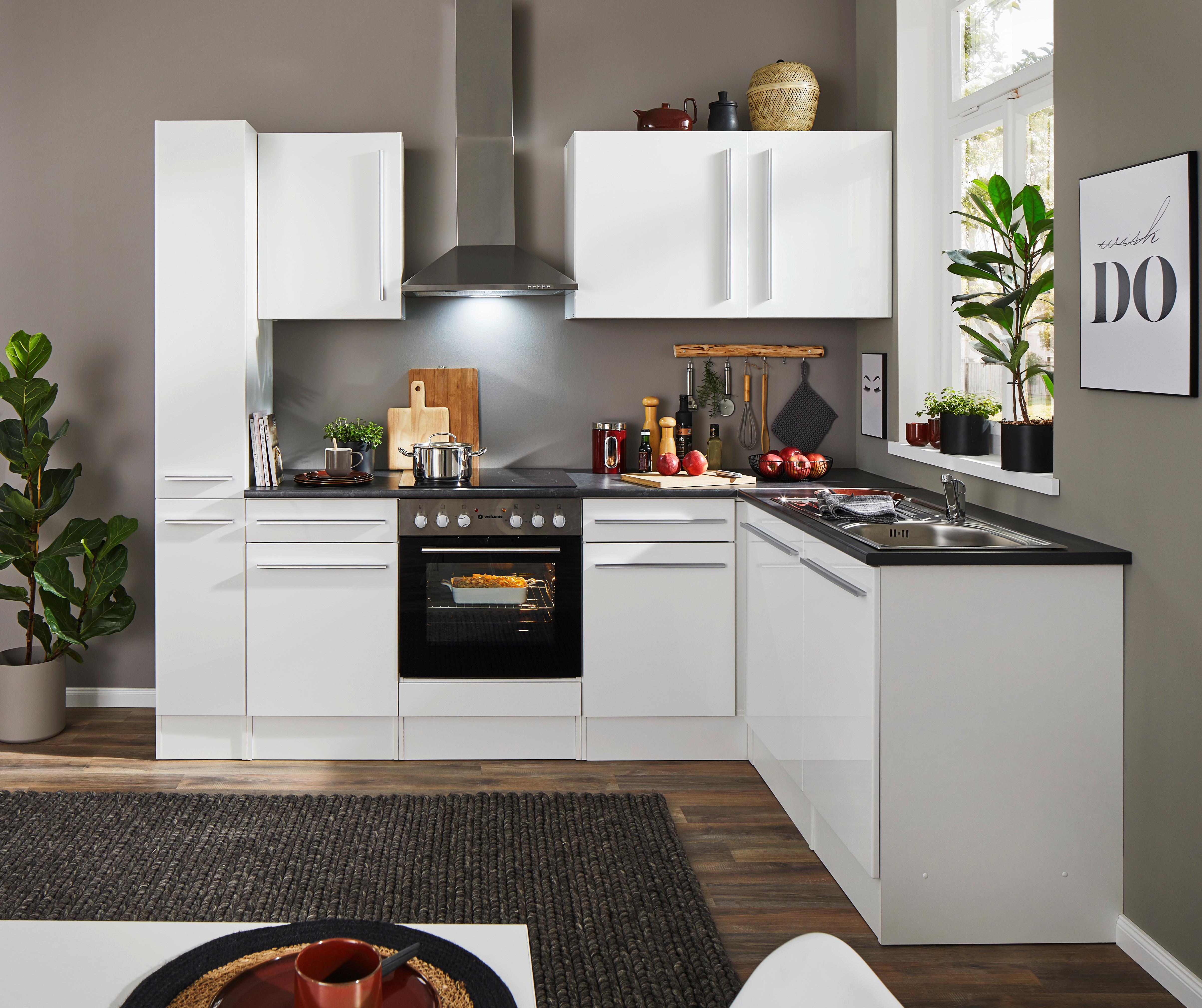 Eckküche Jazz mit Geräten ca.250x175cm Weiß Hochglanz - Weiß Hochglanz/Dunkelgrau, LIFESTYLE, Holzwerkstoff/Kunststoff (250/175cm) - P & B