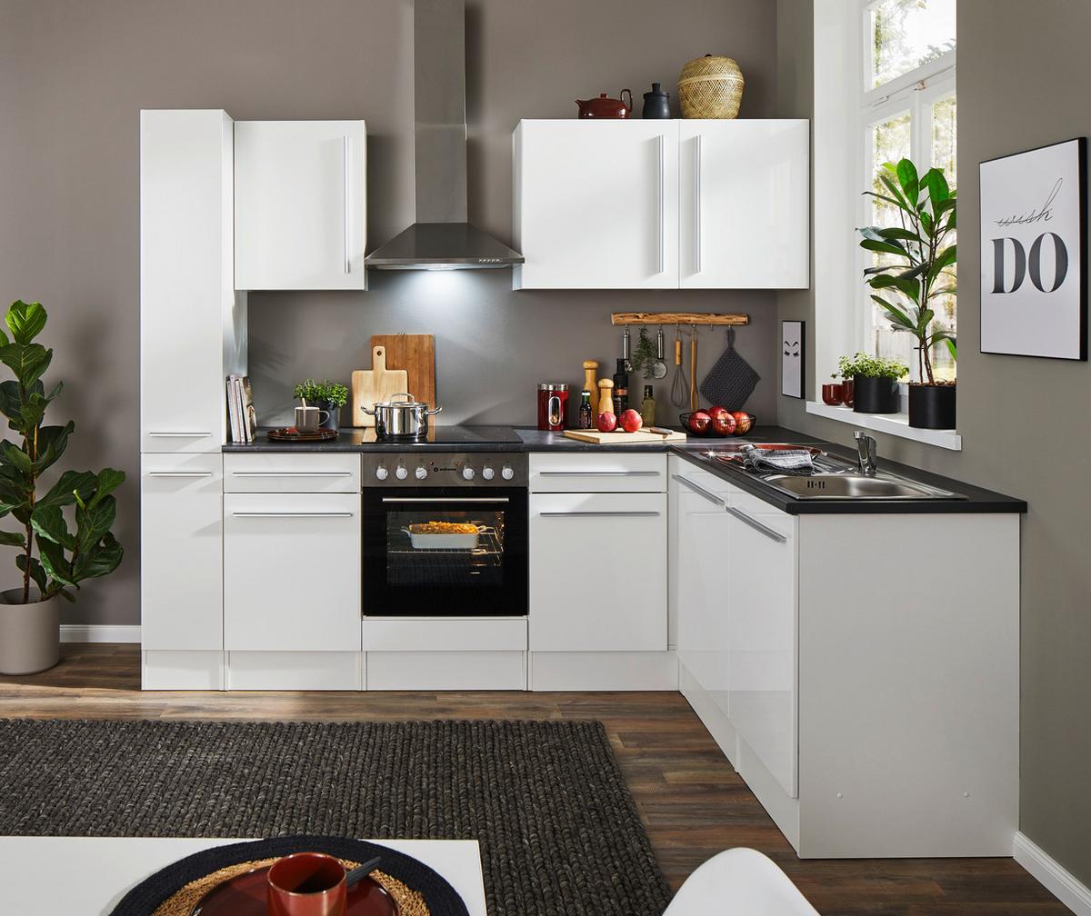 Eckküche Jazz mit Geräten ca.250x175cm Weiß Hochglanz - Weiß Hochglanz/Dunkelgrau, LIFESTYLE, Holzwerkstoff/Kunststoff (250/175cm) - P & B