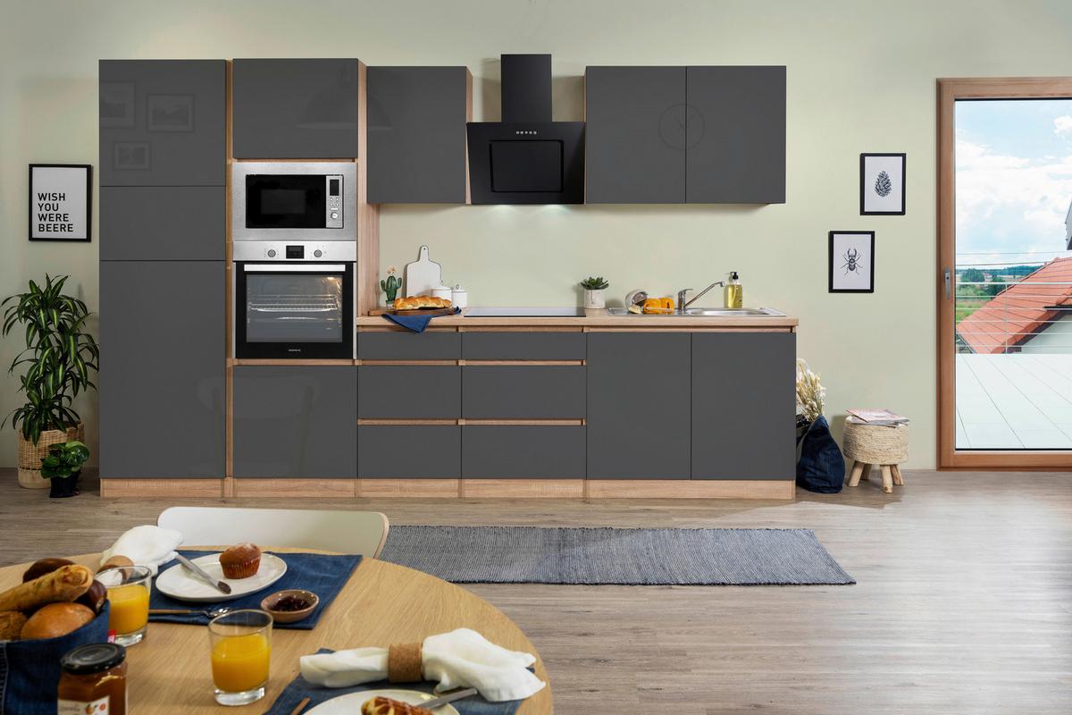 Küchenblock Lorena mit Geräten ca. 335 cm Grau Hochglanz - Grau Hochglanz/Eichefarben, Basics, Holzwerkstoff (335cm) - Respekta