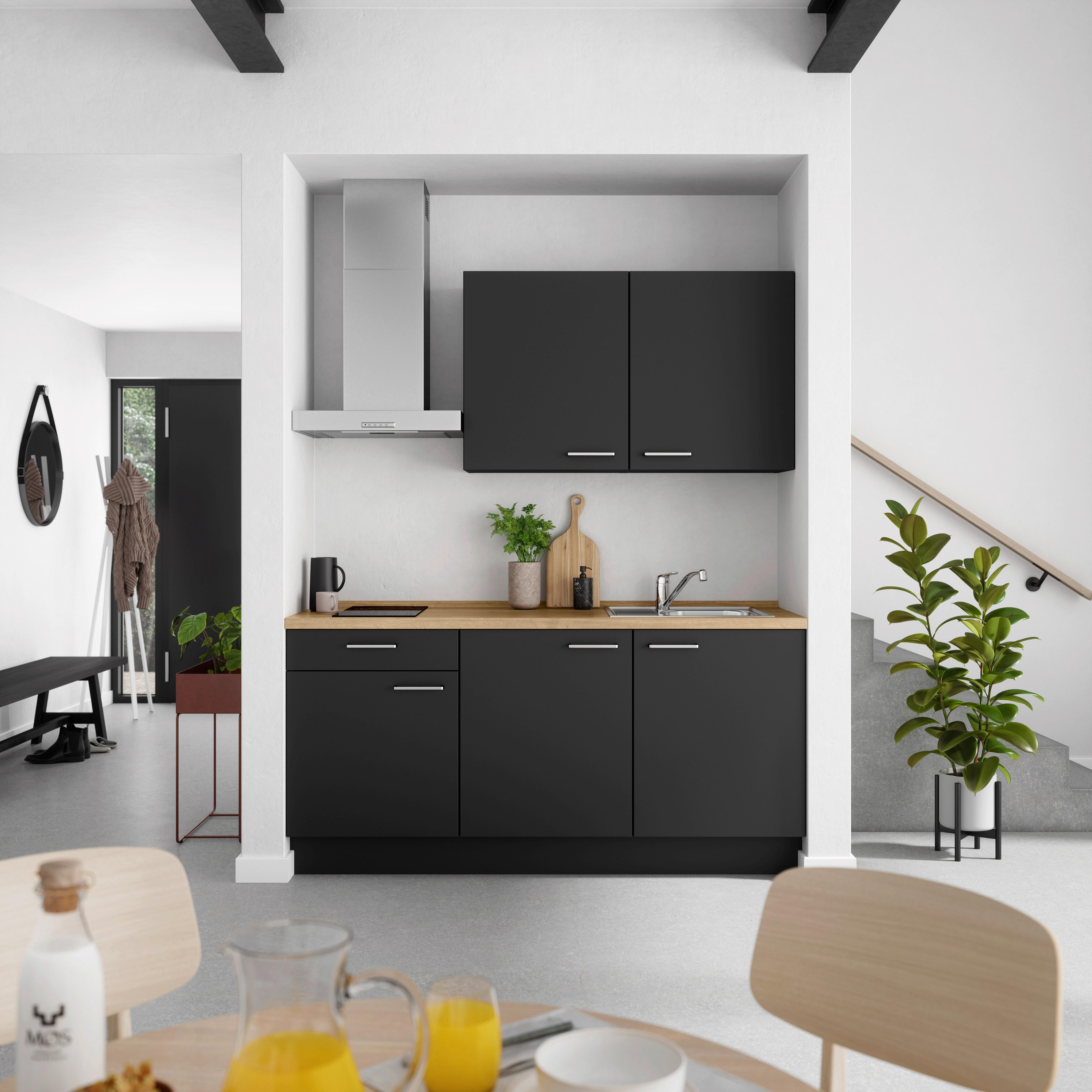 Küchenblock Touch Low m. Geräten Schwarz - Edelstahlfarben/Eichefarben, MODERN, Holzwerkstoff/Metall (180cm) - Nobilia