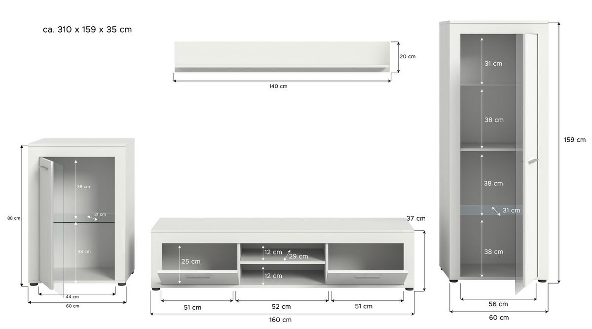 Ansamblu mobilier camera de zi JAM - alb, Design, sticlă/material pe bază de lemn (310/169/35cm) - Modern Living