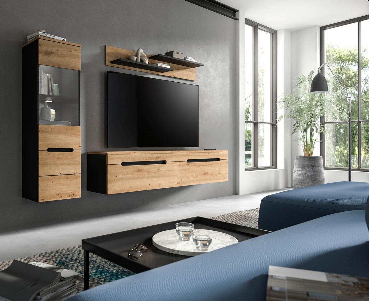 Dnevni Regal Canu, Siva, Barva Hrasta, Osvetlitev, 3-Delni - črna/hrast artisan, Design, umetna masa/leseni material (221/141/33cm) - Livetastic