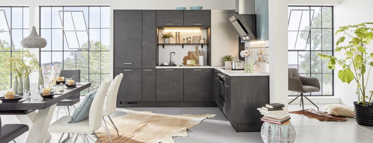 Eckküche Laser in Schwarzbeton NB - Schieferfarben/Schwarz, MODERN, Holzwerkstoff (288/228cm) - Nobilia