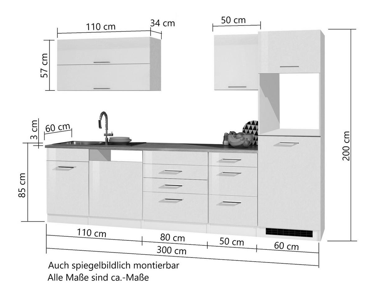 Küchenleerblock Mailand m. Geräten Weiß Hochglanz - Weiß Hochglanz/Silberfarben, MODERN, Holzwerkstoff/Metall (300cm) - Held