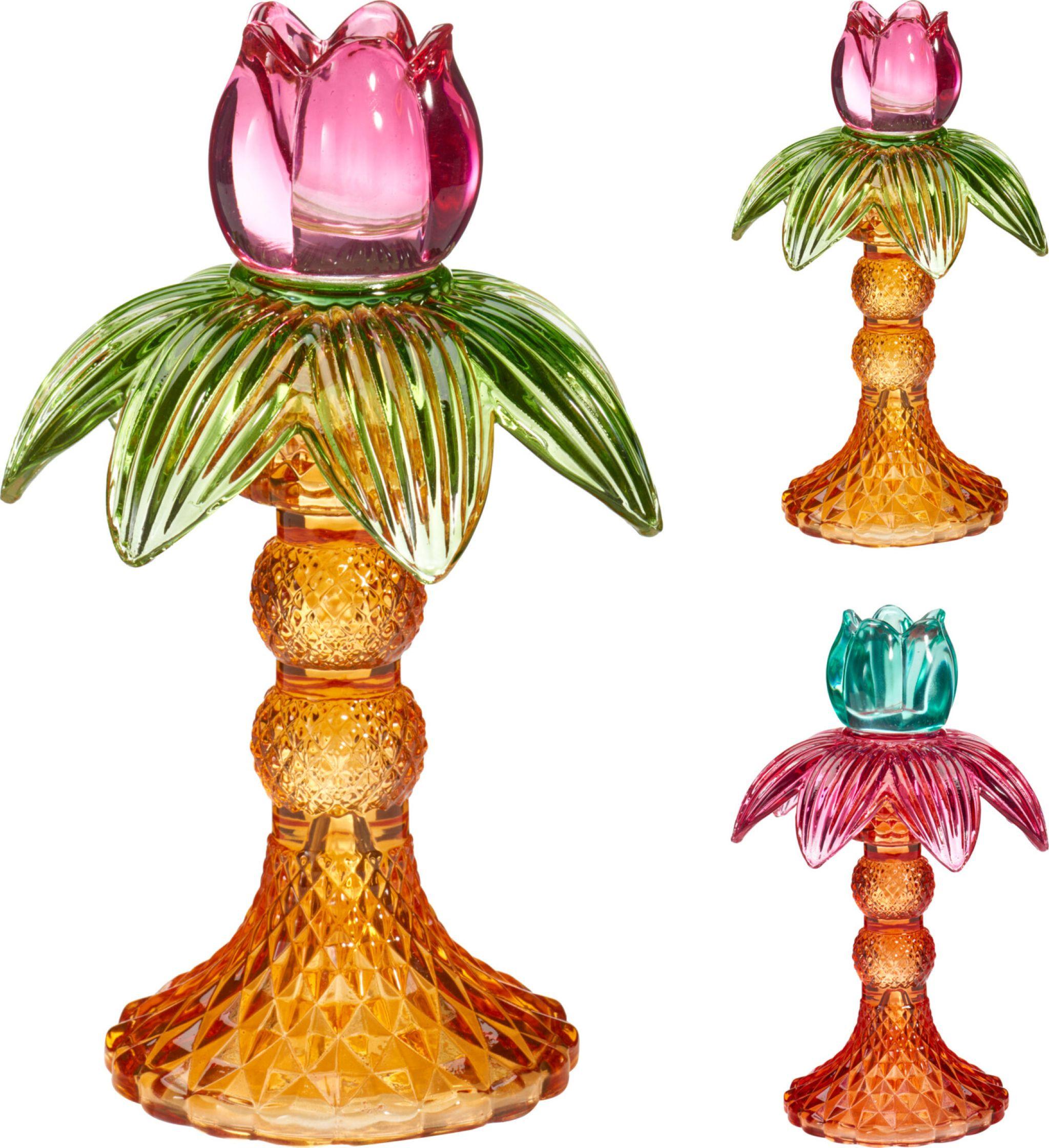 Gyertyatartó Flower - narancs/kék, Design, üveg (11/17.5/11cm)