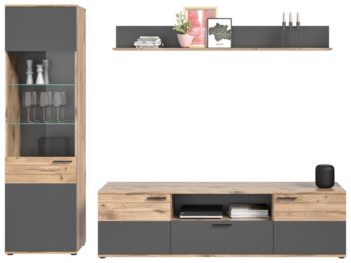 Dnevni Regal Mason, 3-Delno, Siva, Barva Hrasta - siva/črna, Konvencionalno, umetna masa/steklo (266/200/47cm) - MID.YOU