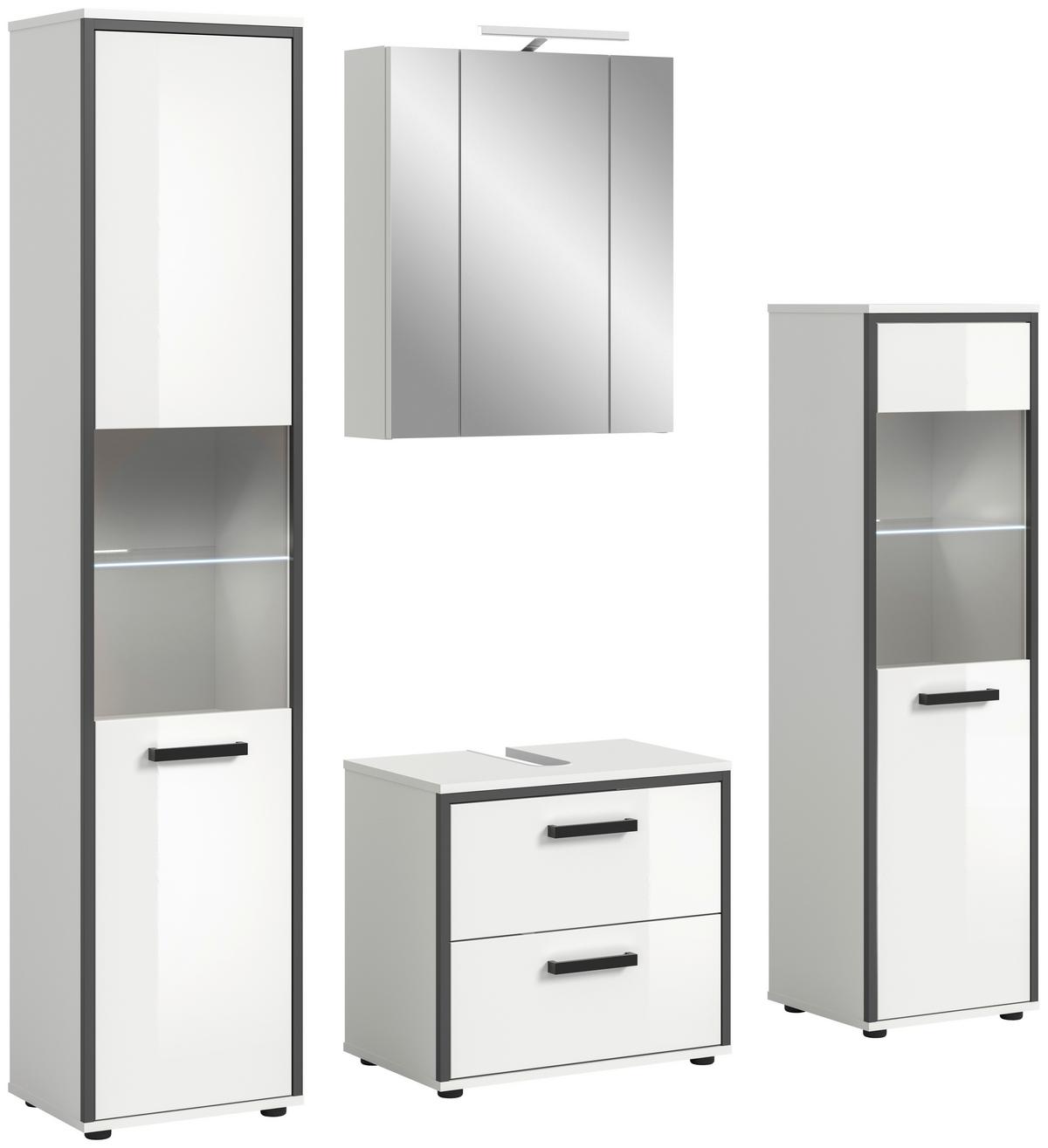 Badezimmer Kojak 4-tlg. Weiß/Anthrazit m. LED - Weiß Hochglanz/Schwarz, MODERN, Holzwerkstoff/Kunststoff (140cm) - MID.YOU