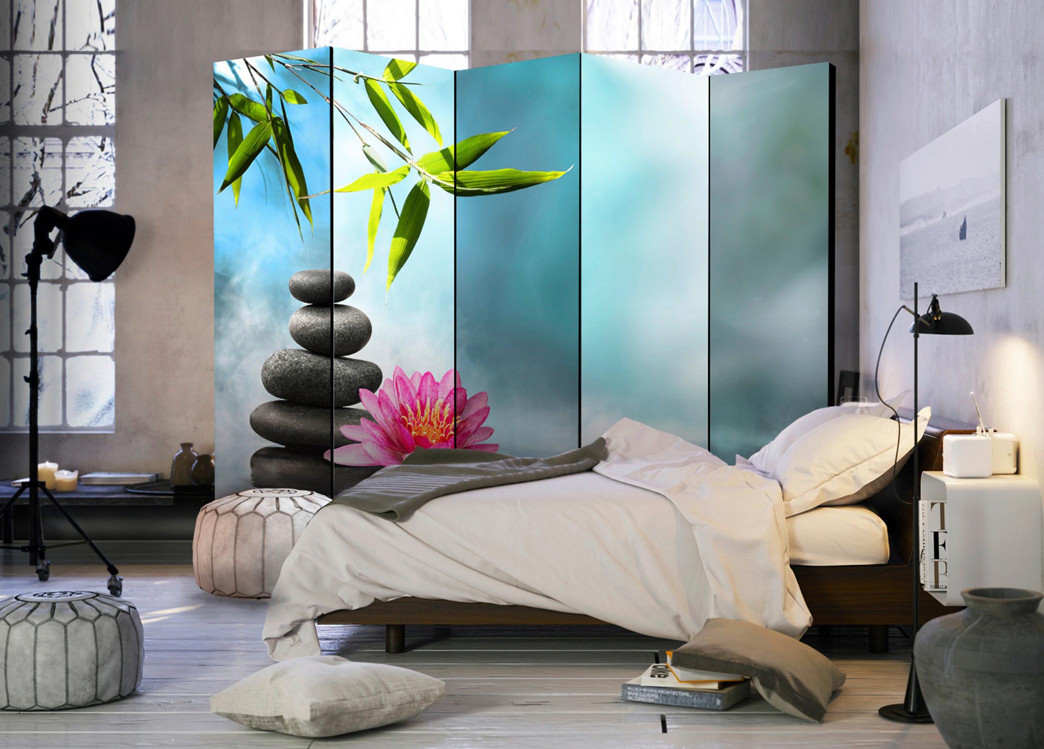 Paravan Water Lilly And Zen Stones I, 5-Delni, Dvostranski - svetlo modra/zelena, Basics, tekstil/les (225/172/3cm) - artgeist