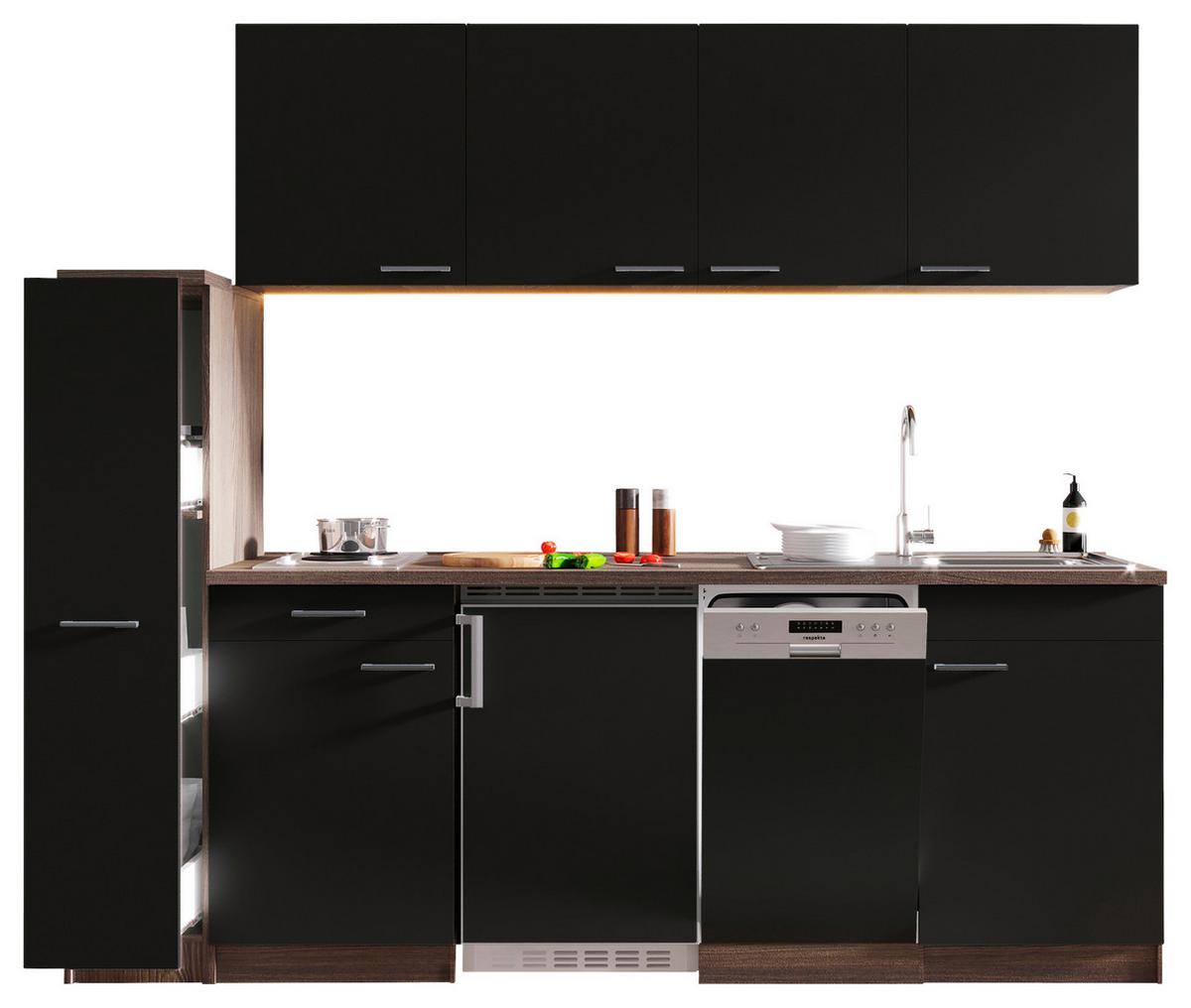 Küchenblock Oliver mit Geräten ca. 225 cm Schwarz - Eichefarben/Schwarz, Basics, Holzwerkstoff/Kunststoff (225cm) - Respekta