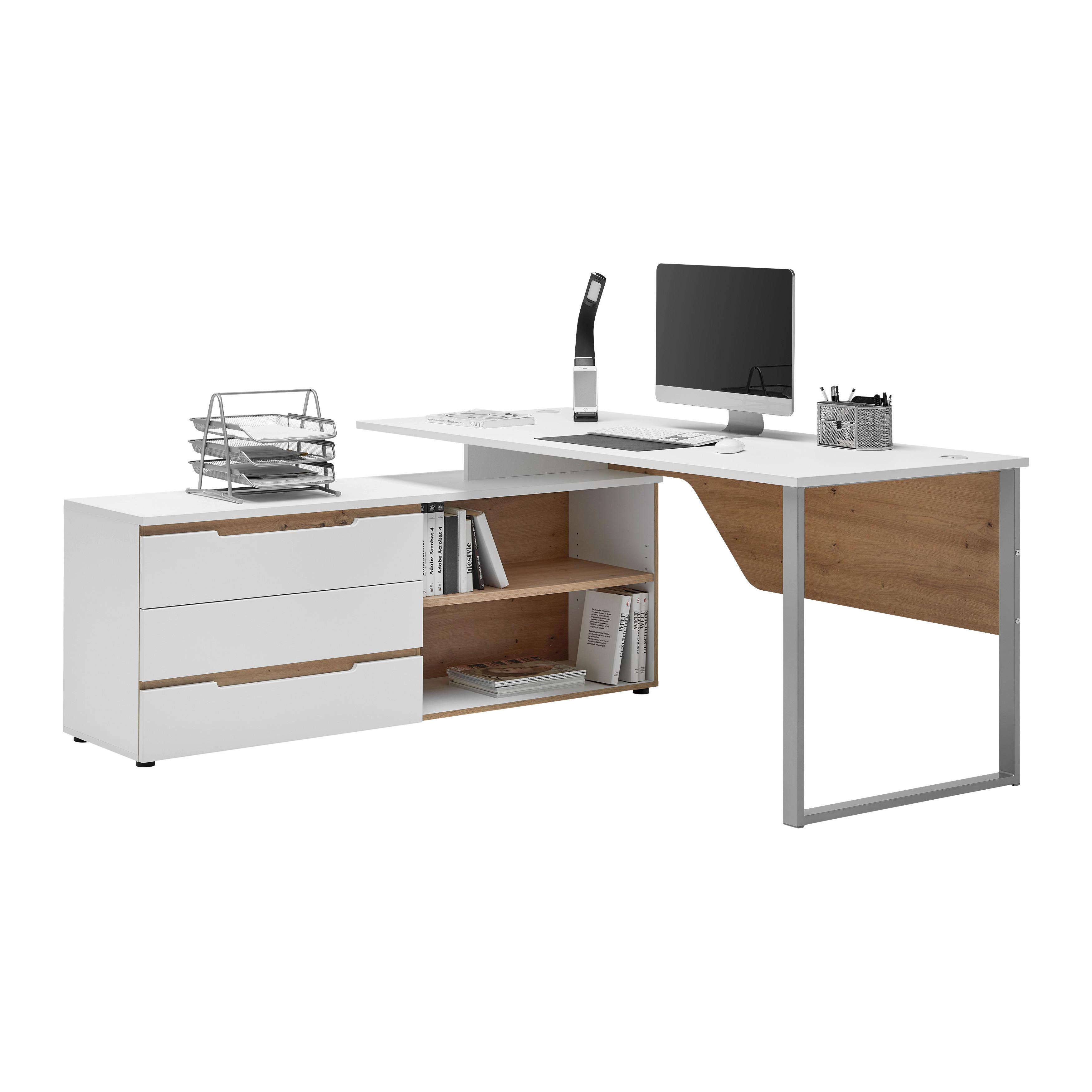 Eckschreibtisch Dallas Silber/Weiss/Eiche Artisan - Weiss/Silberfarben, Modern, Holzwerkstoff/Metall (180/77/160cm) - Mömax