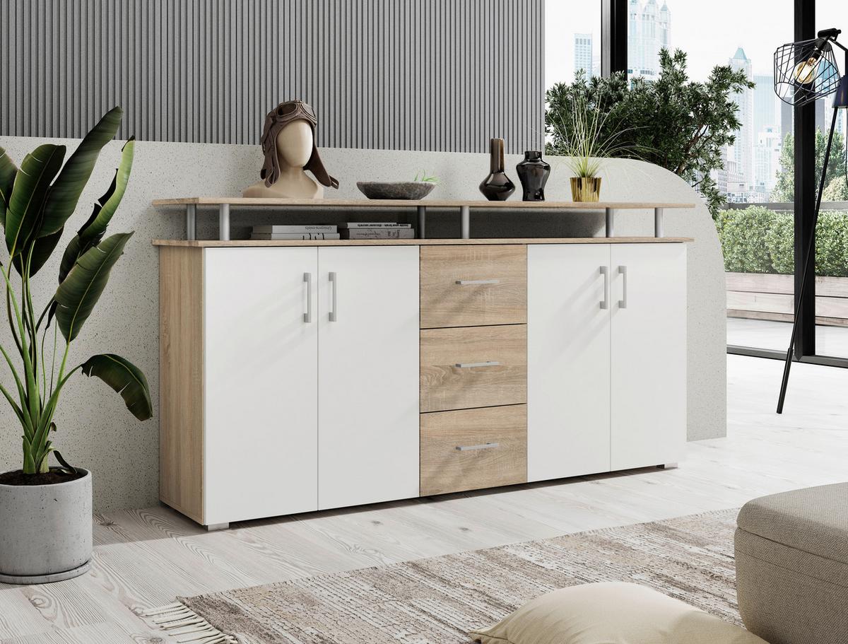 Komód 4 Ajtó 3 Fiók Lift - tölgyfa/fehér, Modern, faalapú anyag (178/90/38cm)