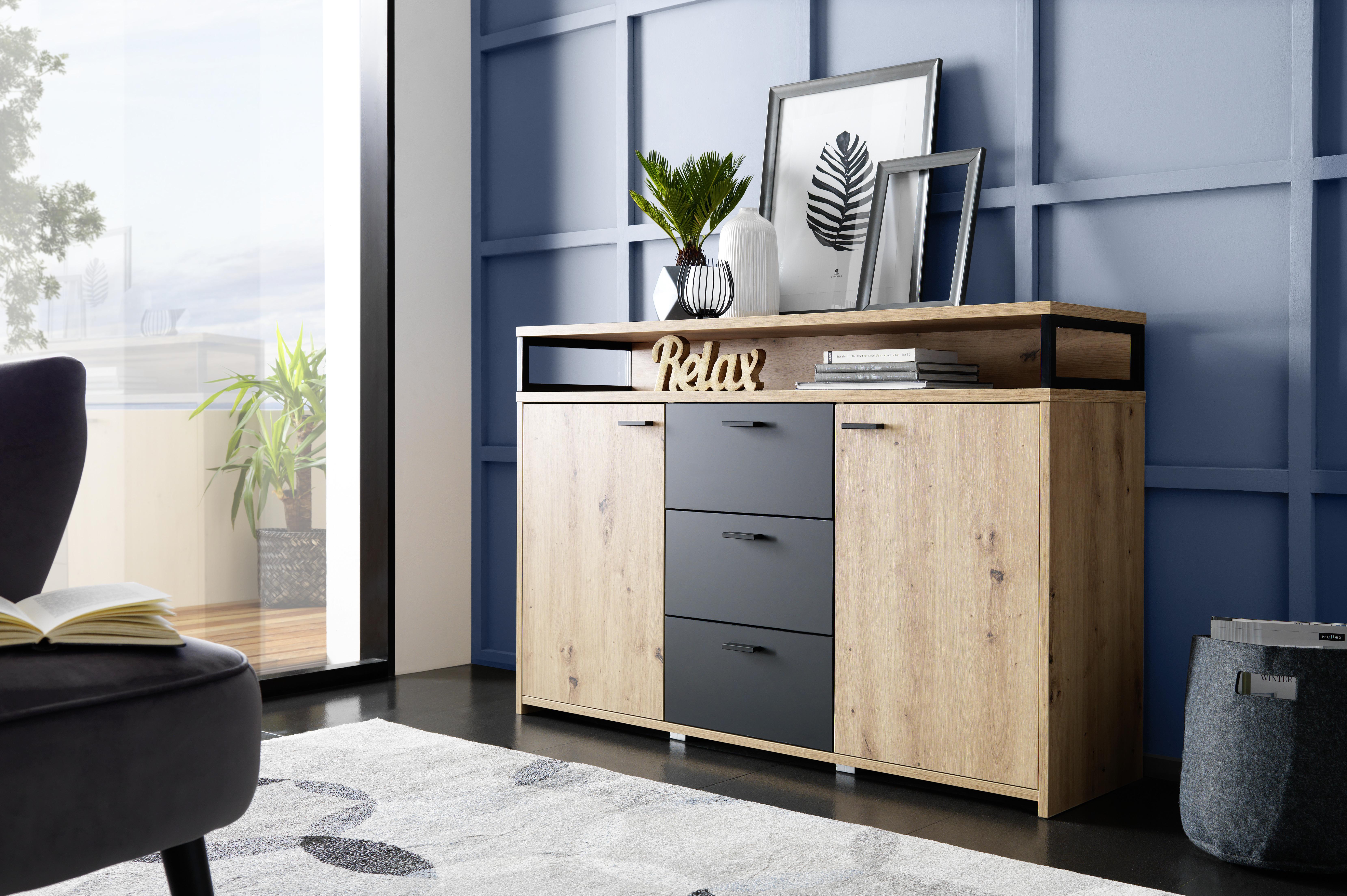 KOMODA SZEROKA LIFE NEW - kolor dębowy/czarny, Konventionell, materiał drewnopochodny/tworzywo sztuczne (134/88/38cm) - Xora