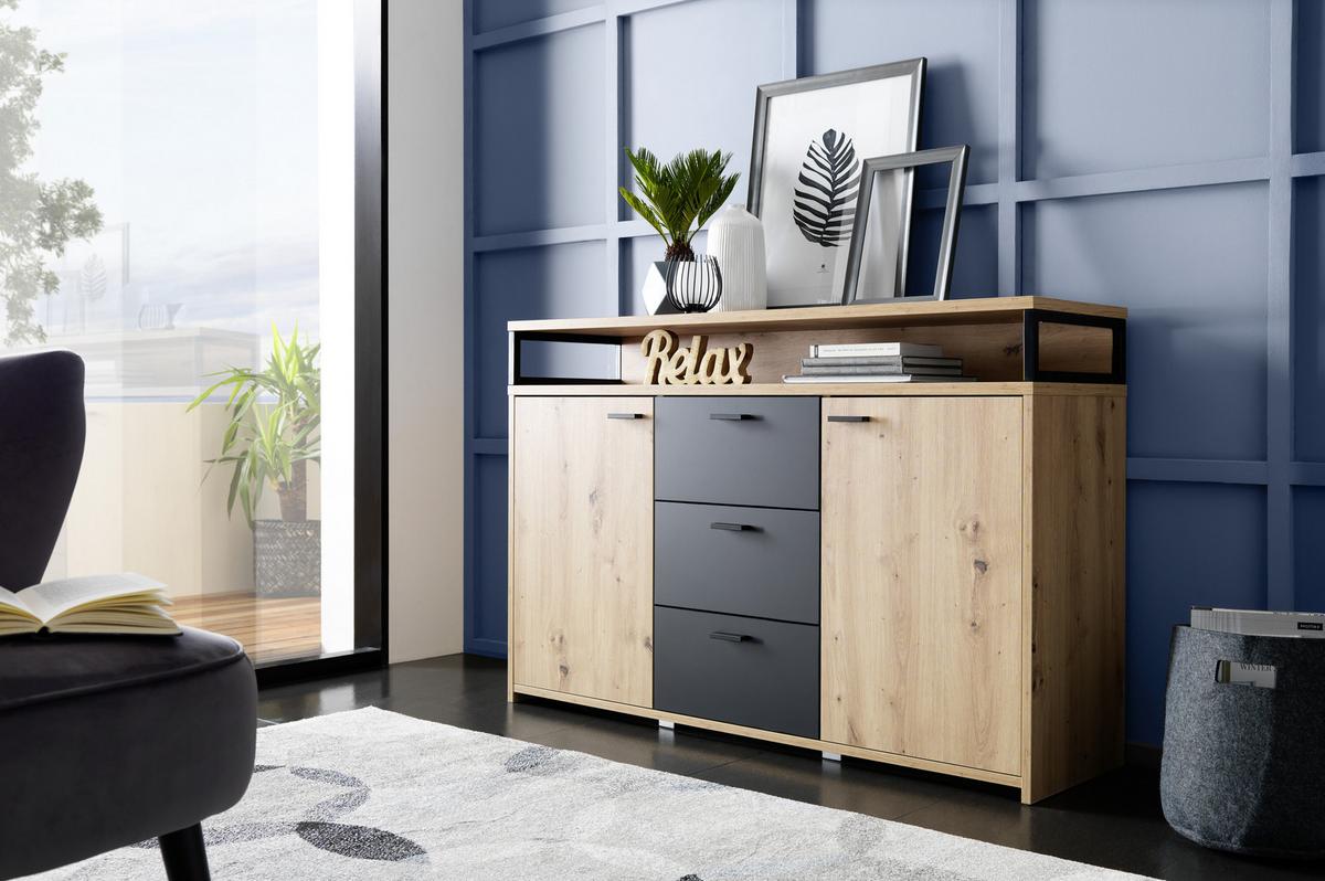KOMODA SZEROKA LIFE NEW - kolor dębowy/czarny, Konventionell, materiał drewnopochodny/tworzywo sztuczne (134/88/38cm) - Xora