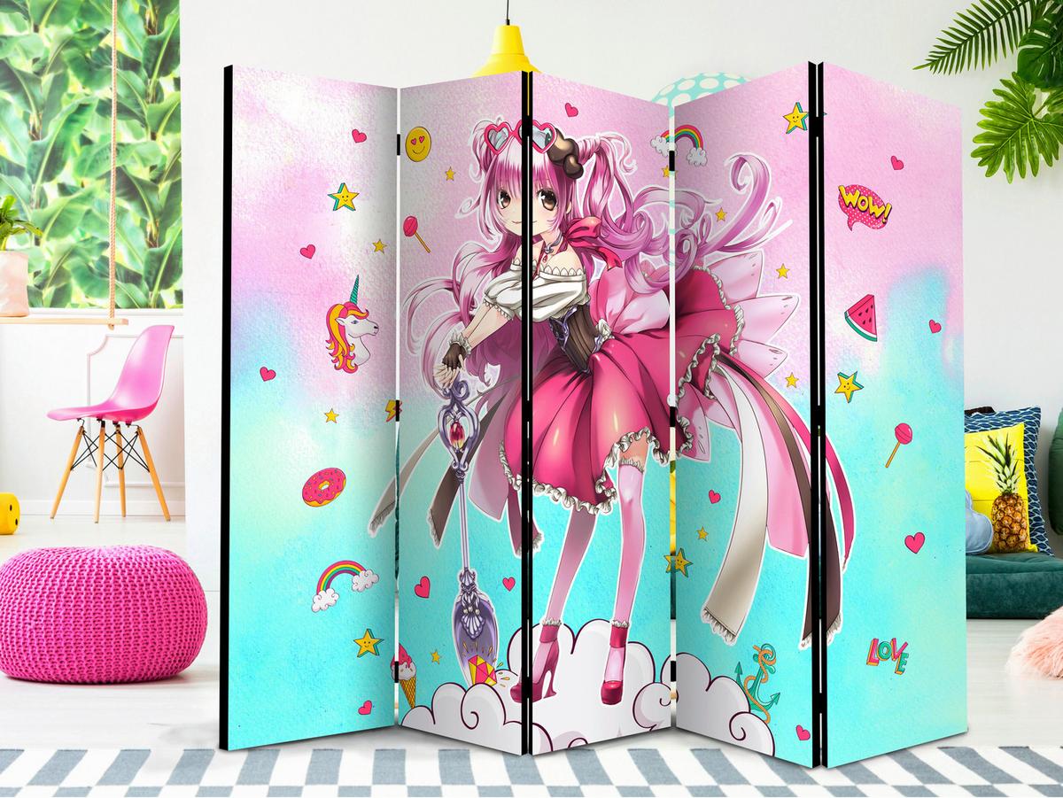 Paravan Sorceress Miko I, 5-Delni, Dvostranski - turkizna/pink, Basics, tekstil/les (225/172/3cm) - artgeist