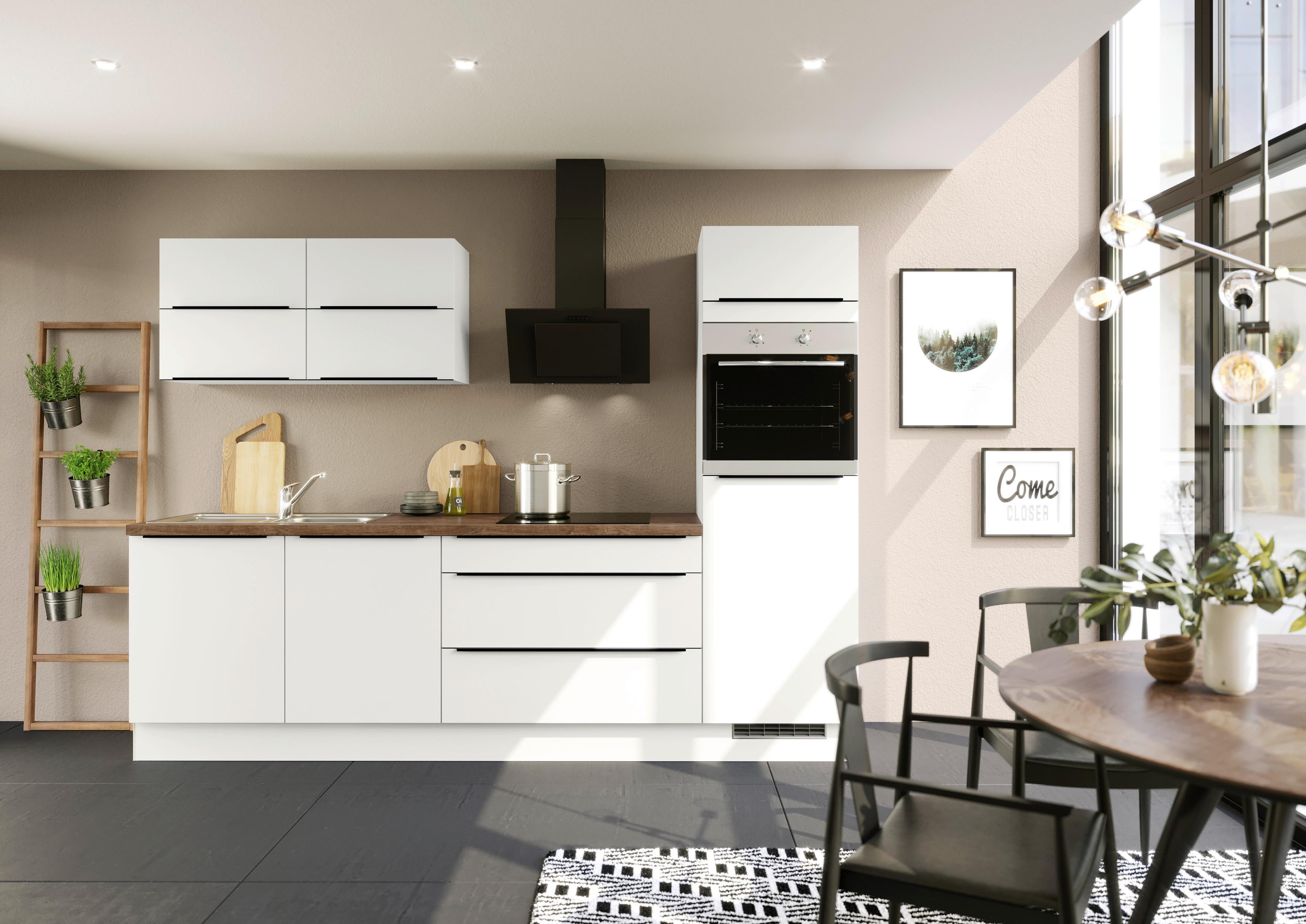 Küchenblock inkl. 5 E-Geräte IP3150 Weiß - Eichefarben/Schwarz, Trend, Holzwerkstoff/Metall (280cm) - Impuls