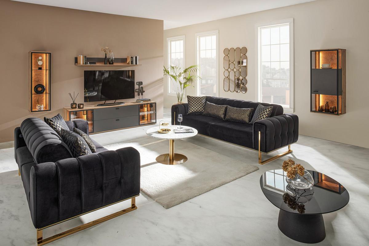 3-Sitzer-Sofa Aile in Schwarz/Goldfarben - Goldfarben/Schwarz, LIFESTYLE, Textil (244/80/90cm) - Based
