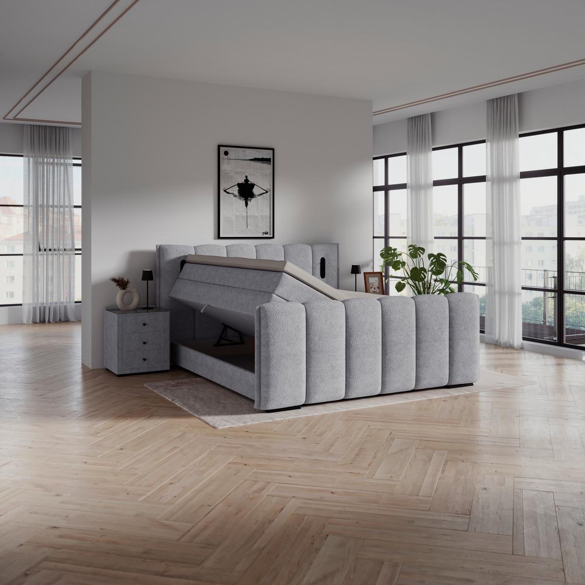 Boxspring Krevet Elysia - svijetlo siva/crna, Trend, drvni materijal/drvo (160/200cm) - Premium Living