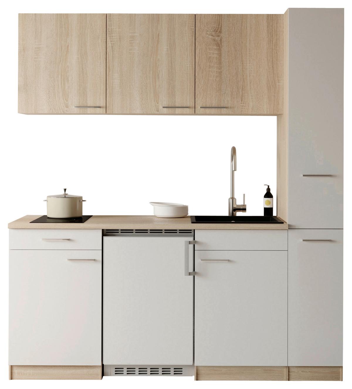 Küchenblock Ingrid m. Geräten Weiß - Eichefarben/Alufarben, Design, Holzwerkstoff/Kunststoff (180cm) - Respekta