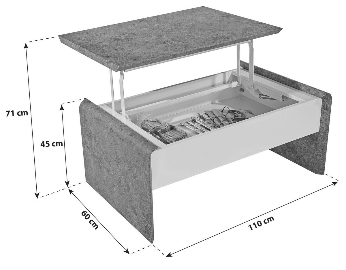 Klubska Miza Mailand, Siva, Bela, Nastavljiva - temno siva/bela, Moderno, kovina/leseni material (110/45-70,5/60cm)