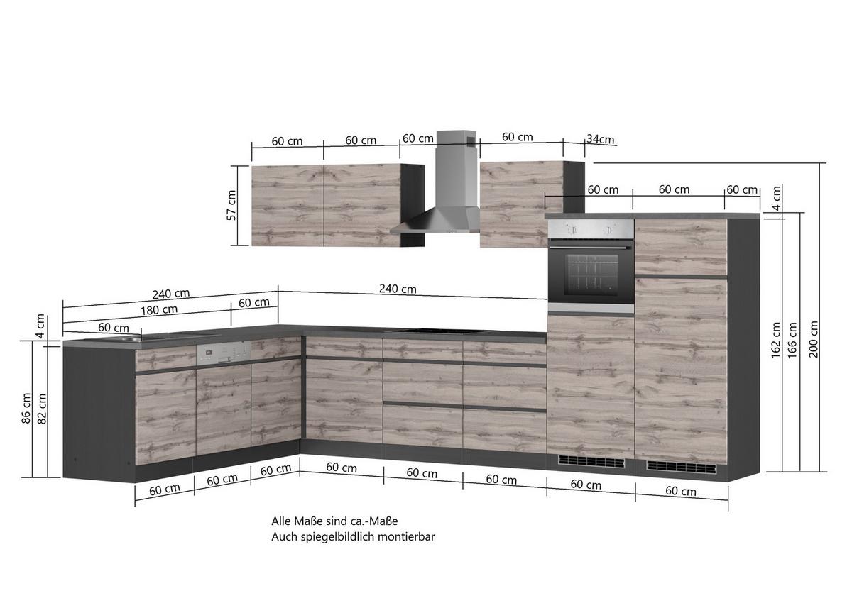 Eckküche Turin mit Geräten ca. 240x360 cm Graphit/Eiche - Eiche Wotan/Graphitfarben, Design, Holzwerkstoff (240/360cm) - Held