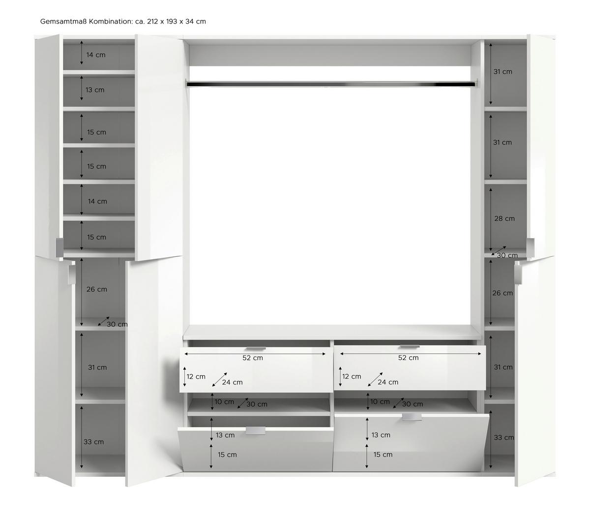 Garderobe Projekt X ca. 212x193 cm Weiß - Weiß Hochglanz, MODERN, Holzwerkstoff (212/193/34cm) - MID.YOU