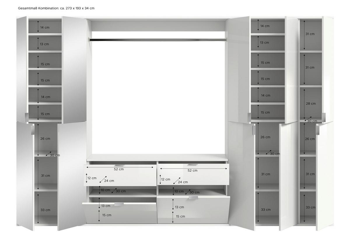 Ormar S Klaičnim Vratima Projekt X - bijela visoki sjaj, Moderno, staklo/drvni materijal (273/193/34cm) - Modern Living