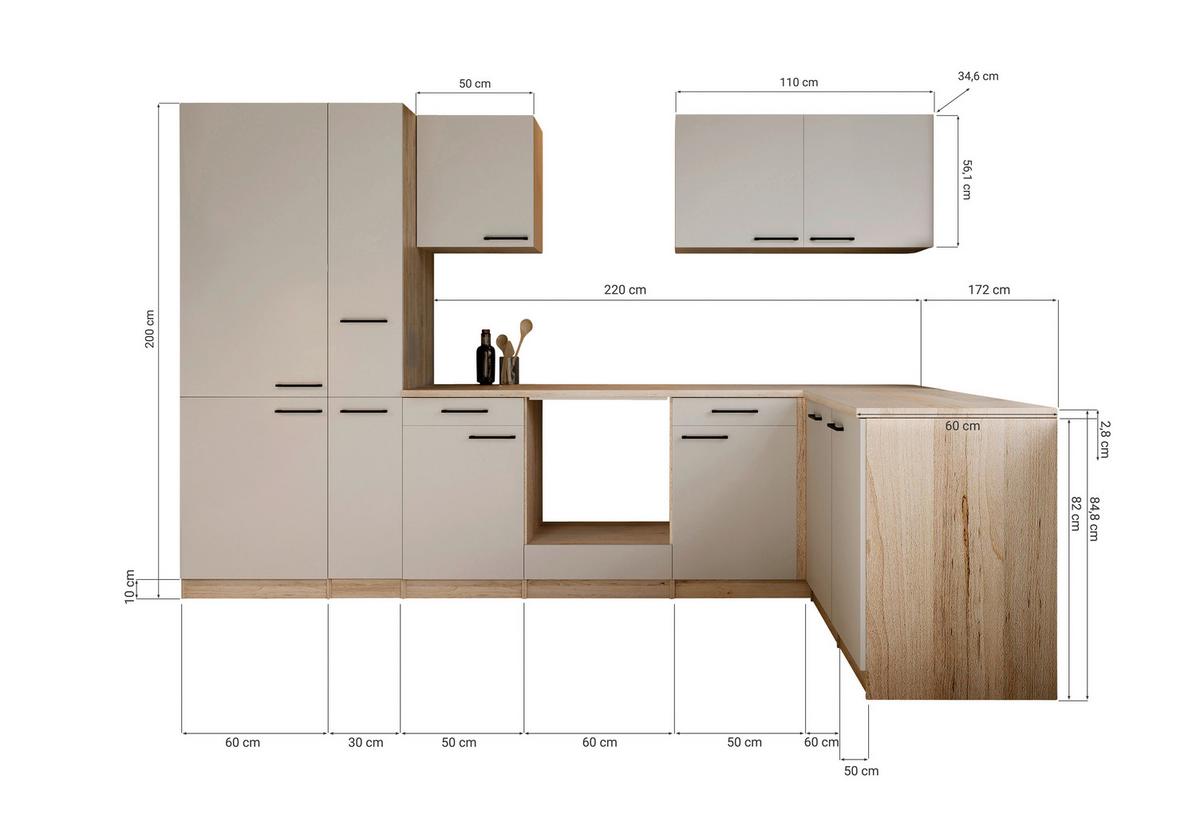 Eckküche Merle o. Geräte ca. 310x172cm Kaschmir - Kaschmir/Eichefarben, Trend, Holzwerkstoff/Metall (310/172cm) - Respekta