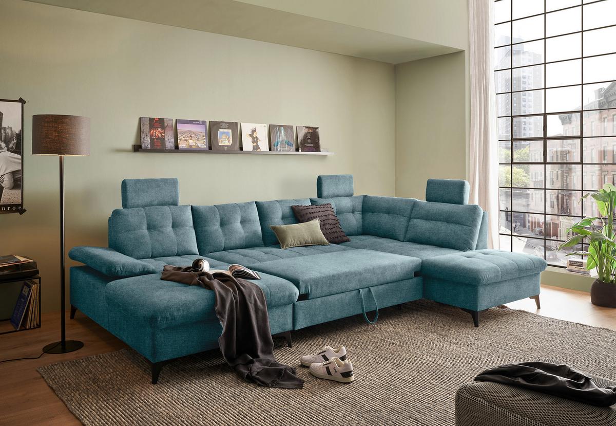 Wohnlandschaft Durban U ca. 170x324x218 cm Eisblau - Blau/Schwarz, KONVENTIONELL, Kunststoff/Textil (170/324/218cm) - MID.YOU