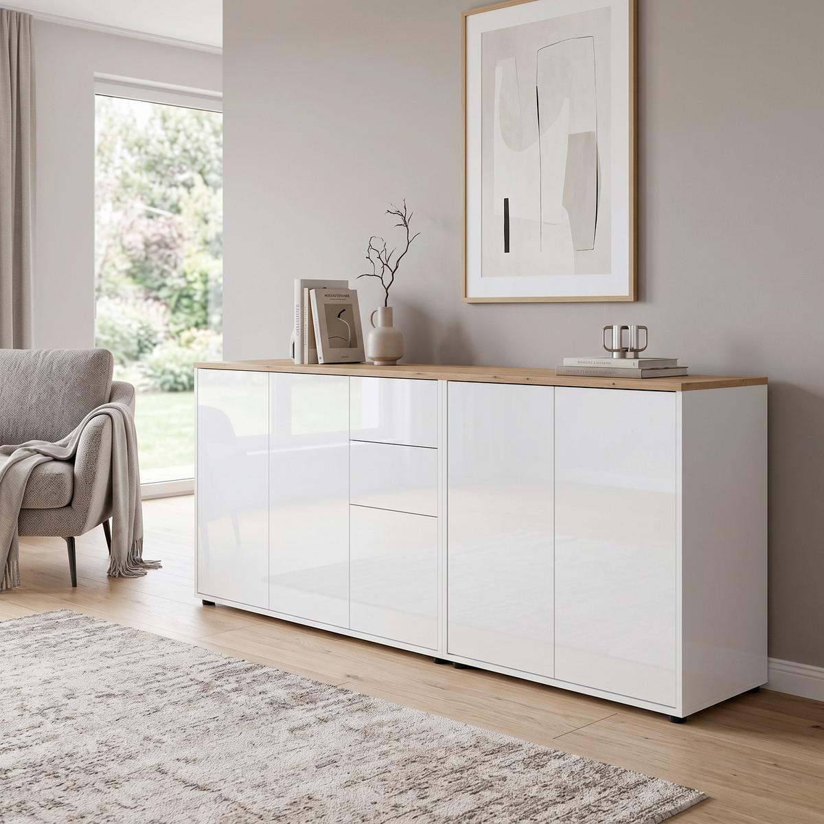 Sideboard Mailand Set 10 Weiß/Eiche - Weiß Hochglanz/Schwarz, MODERN, Holzwerkstoff/Kunststoff (184,5/73/33cm) - MID.YOU