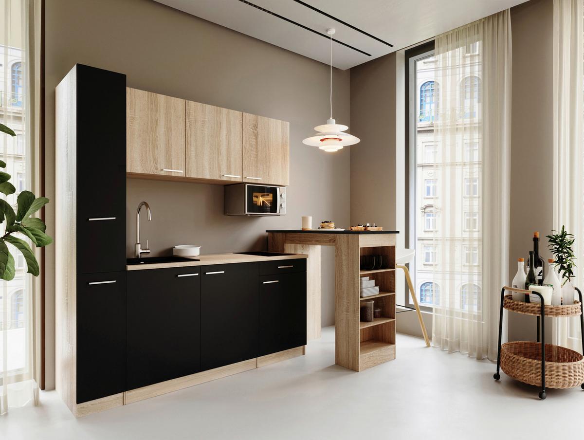 Küchenblock Ingrid m. Geräten Schwarz - Eichefarben/Schwarz, Design, Holzwerkstoff/Kunststoff (180cm) - Respekta